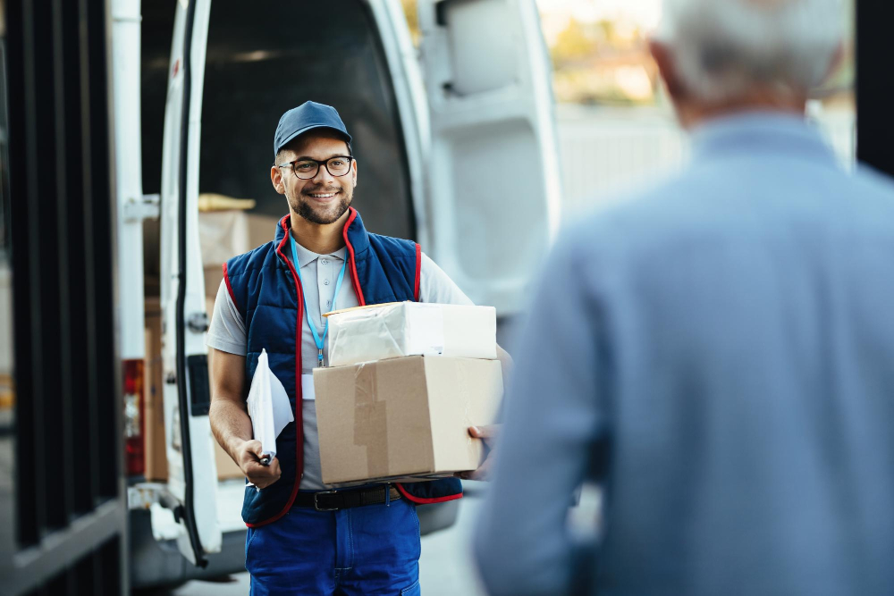 happy deliverer carrying packages while making home delivery his customer